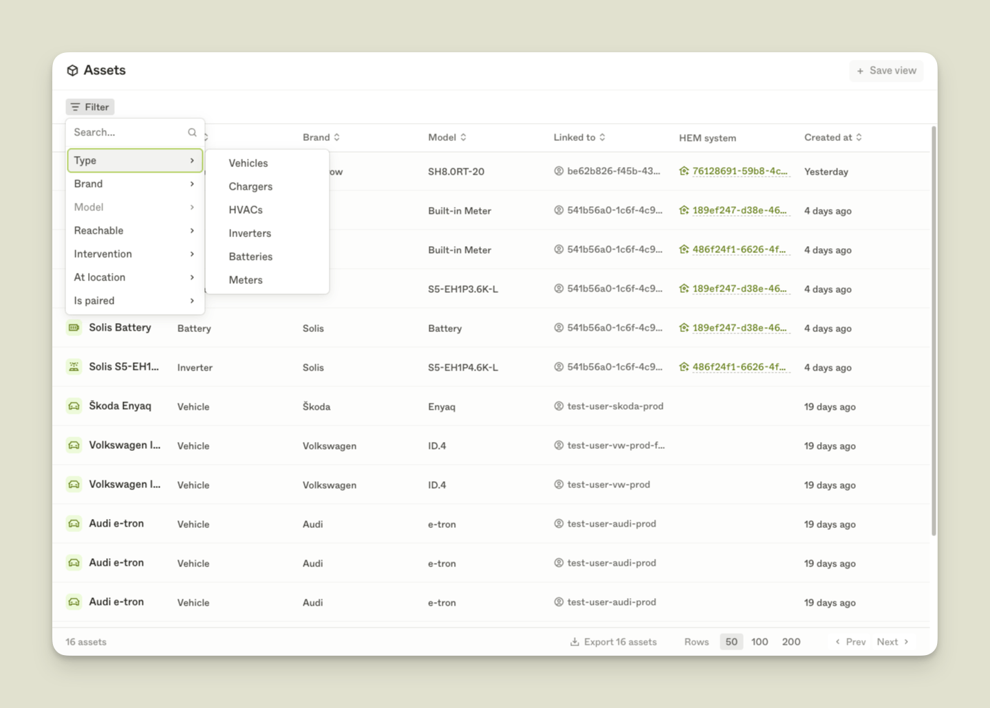 Enode dashboard asset overview