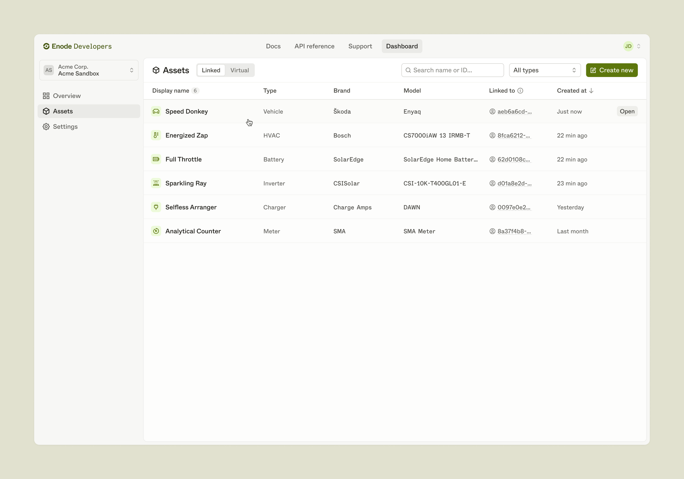 Enode Sandbox UI asset list