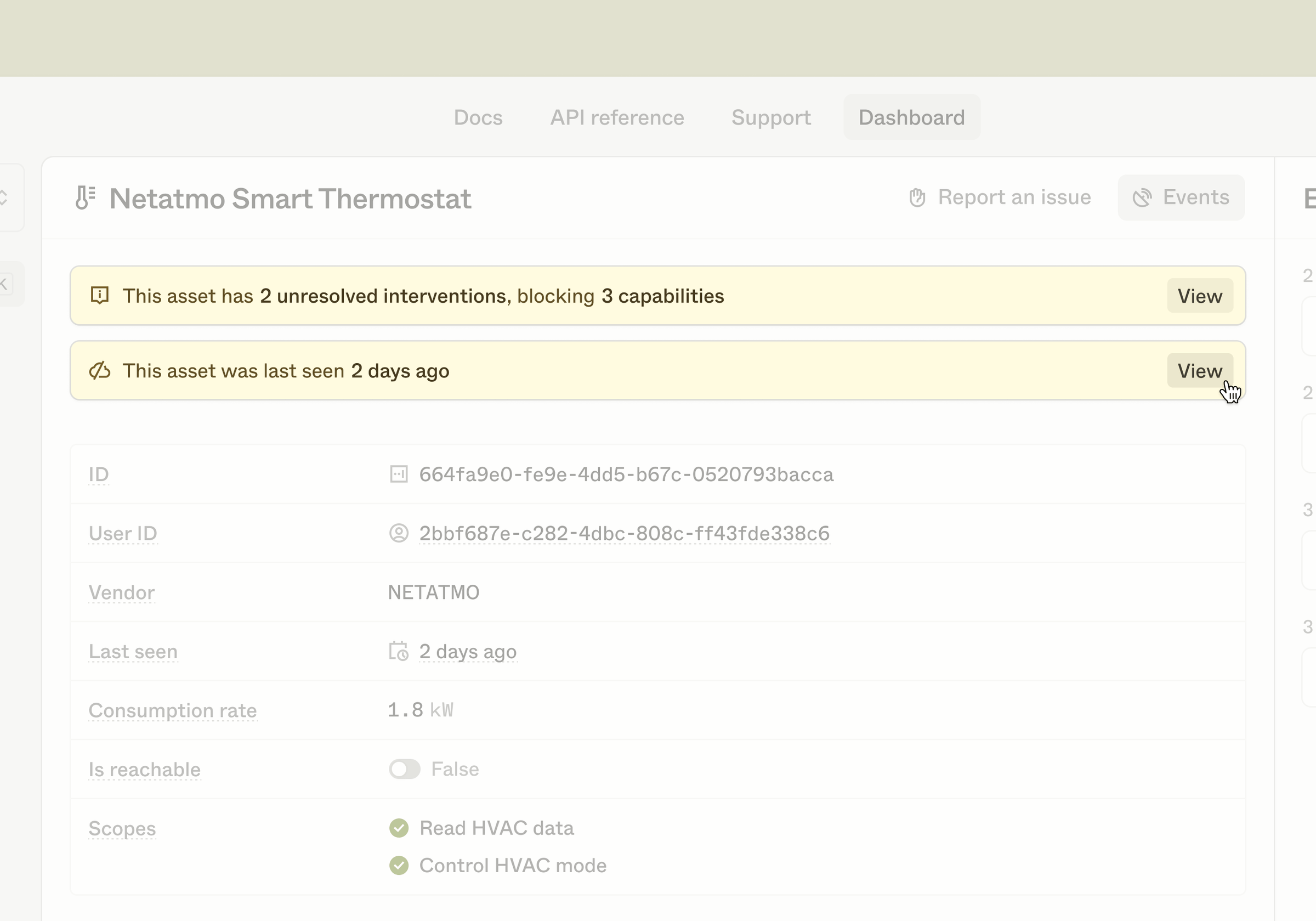 Example of state warnings in the asset view