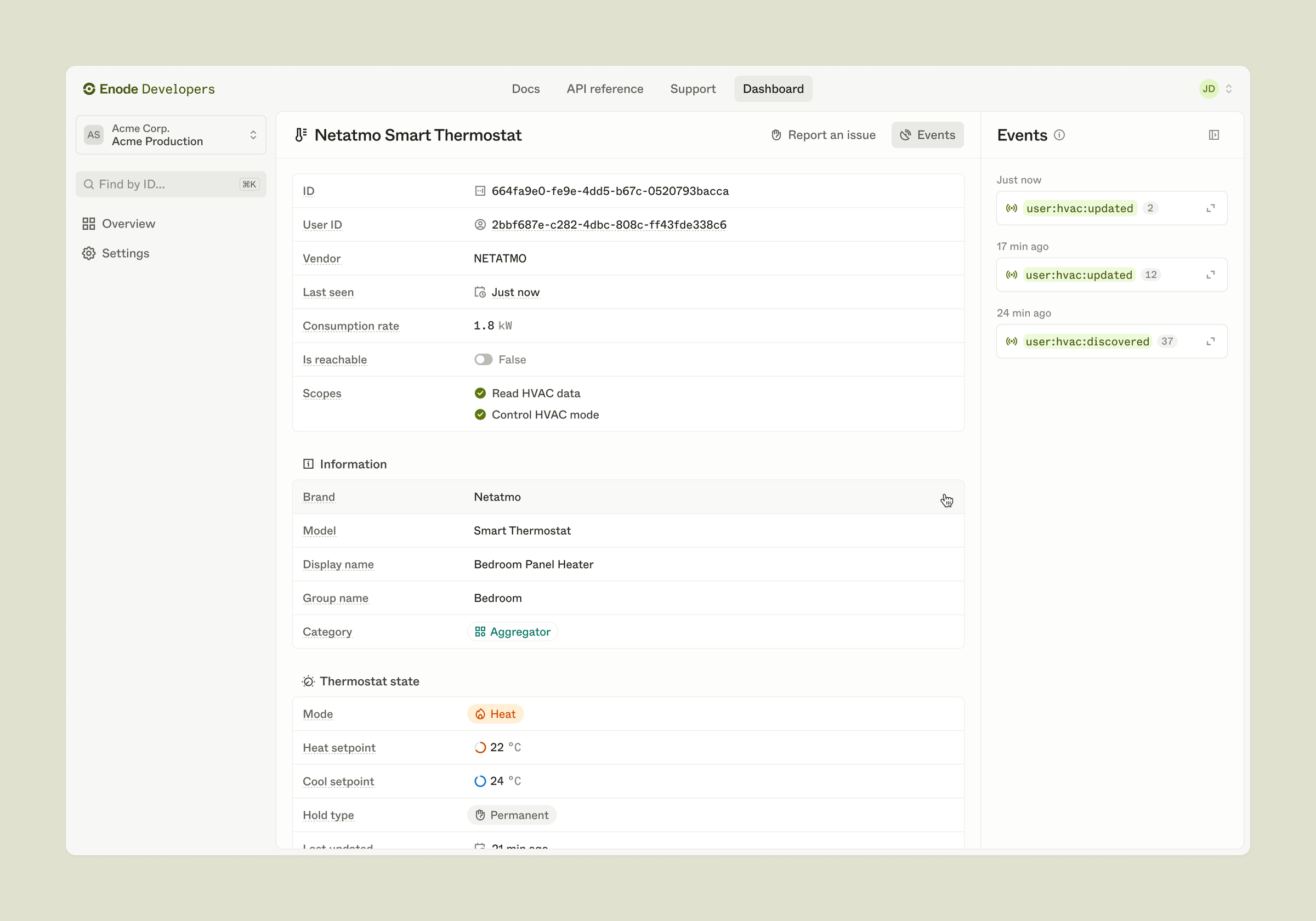 Enode dashboard asset view