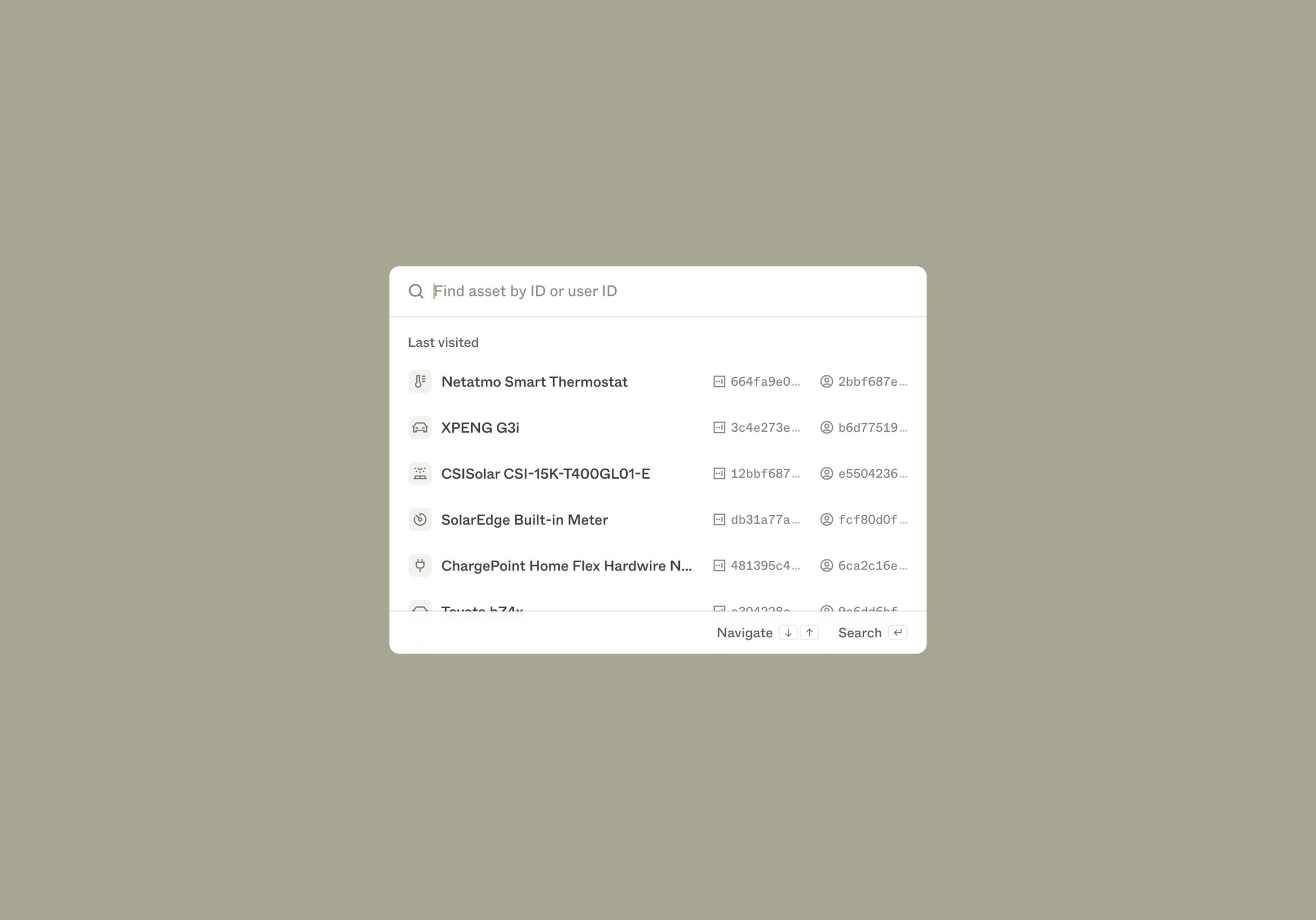Enode dashboard asset search dialog