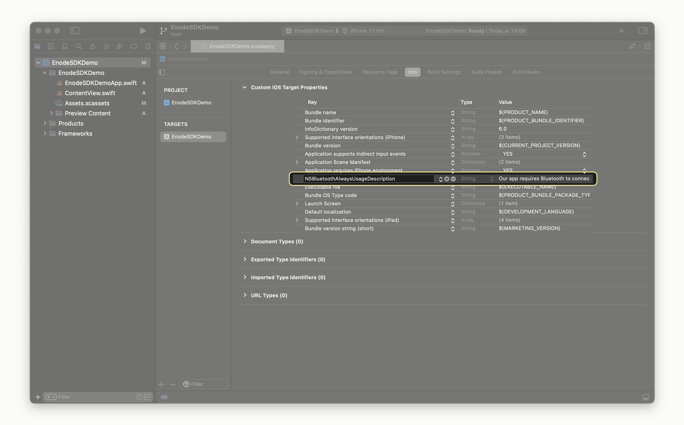 Bluetooth settings in Xcode