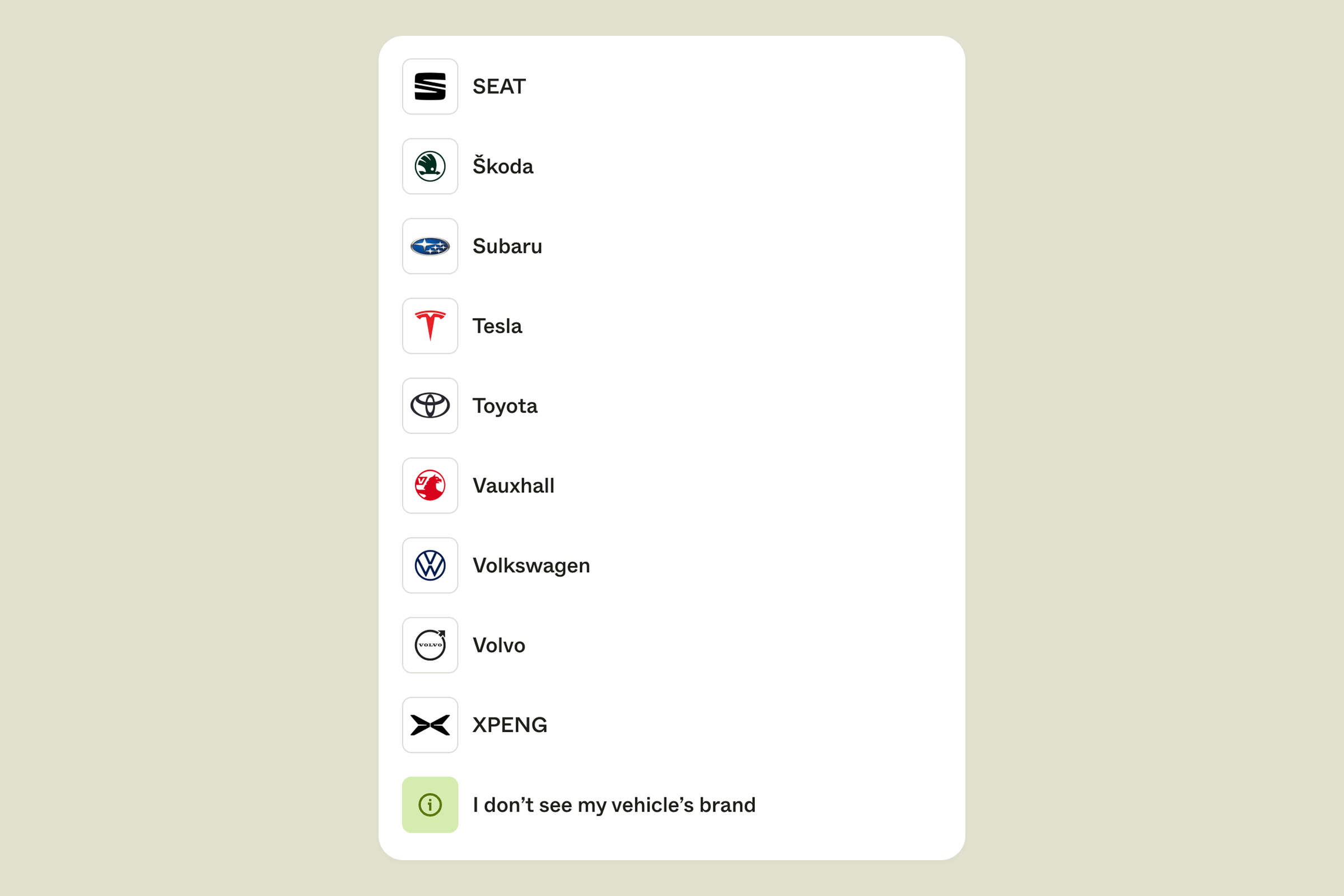 The brand selection screen with an ‘I don’t see my vehicle’s brand’ option at the bottom of the list