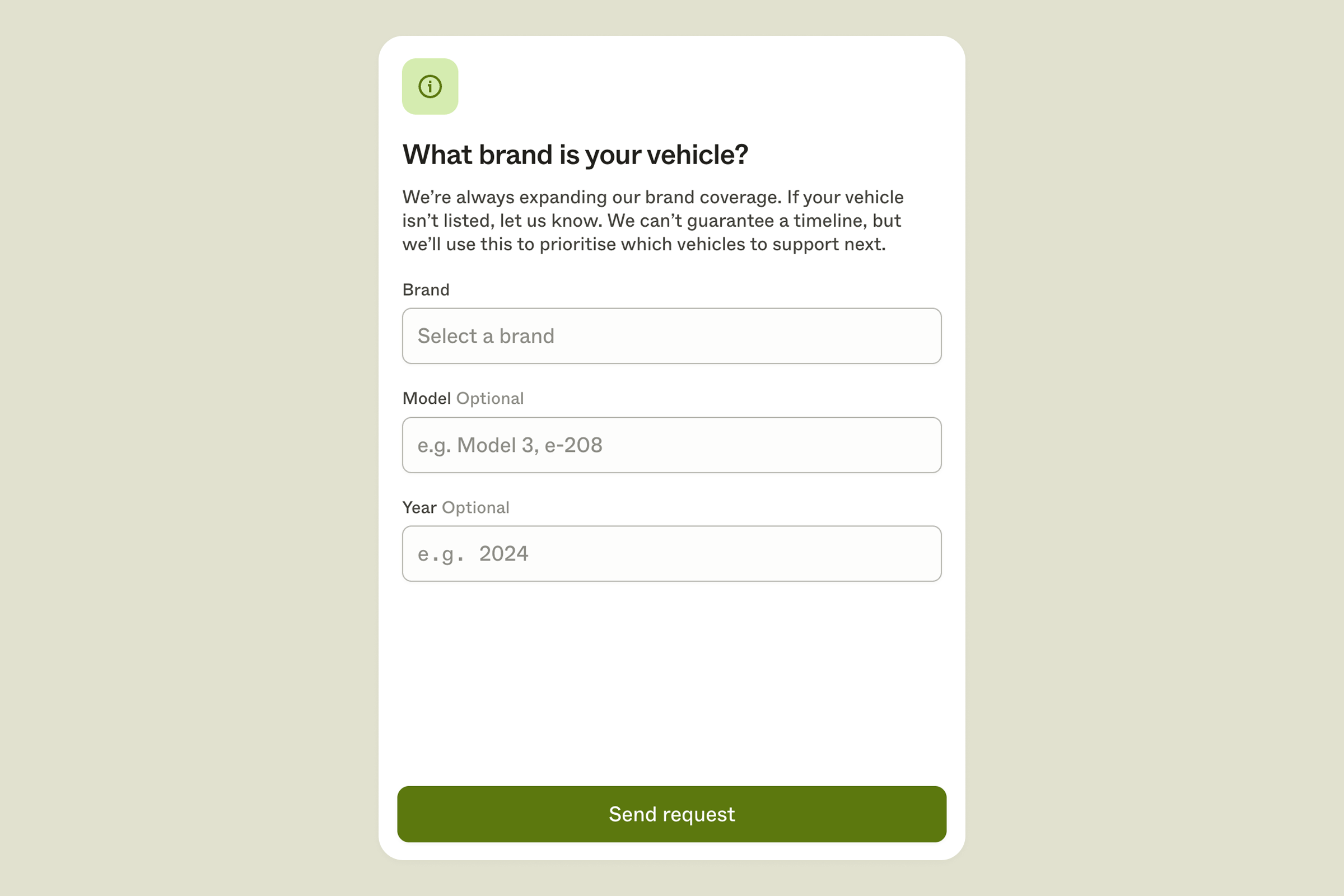 The unsupported brand request form with a required brand field and optional model and year fields