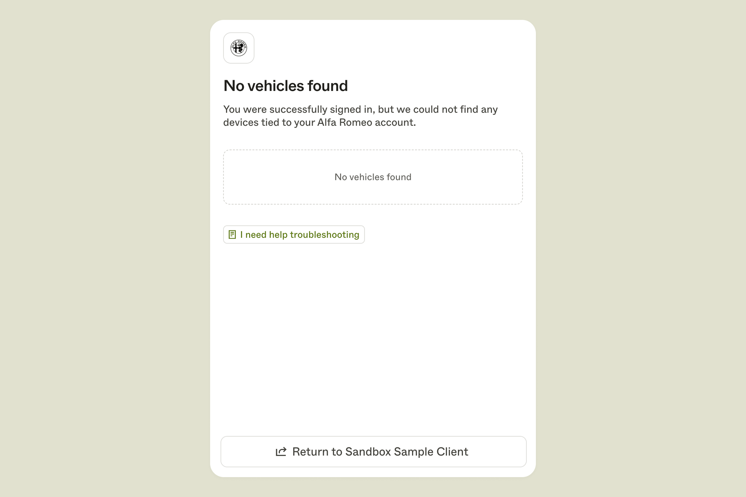 The no vehicles found screen with an ‘I need help troubleshooting’ button