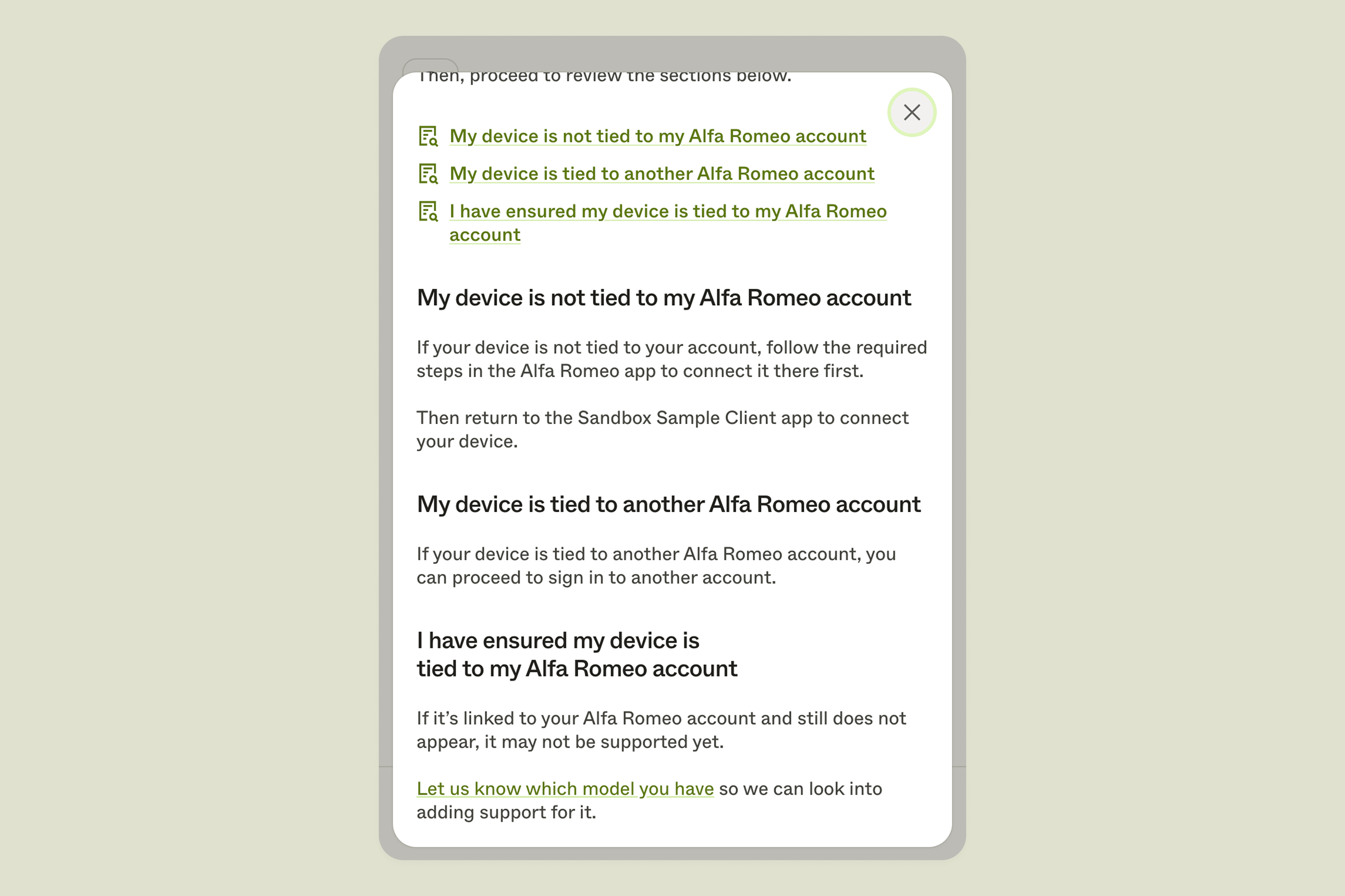The troubleshooting view with a ‘Let us know which model you have’ link