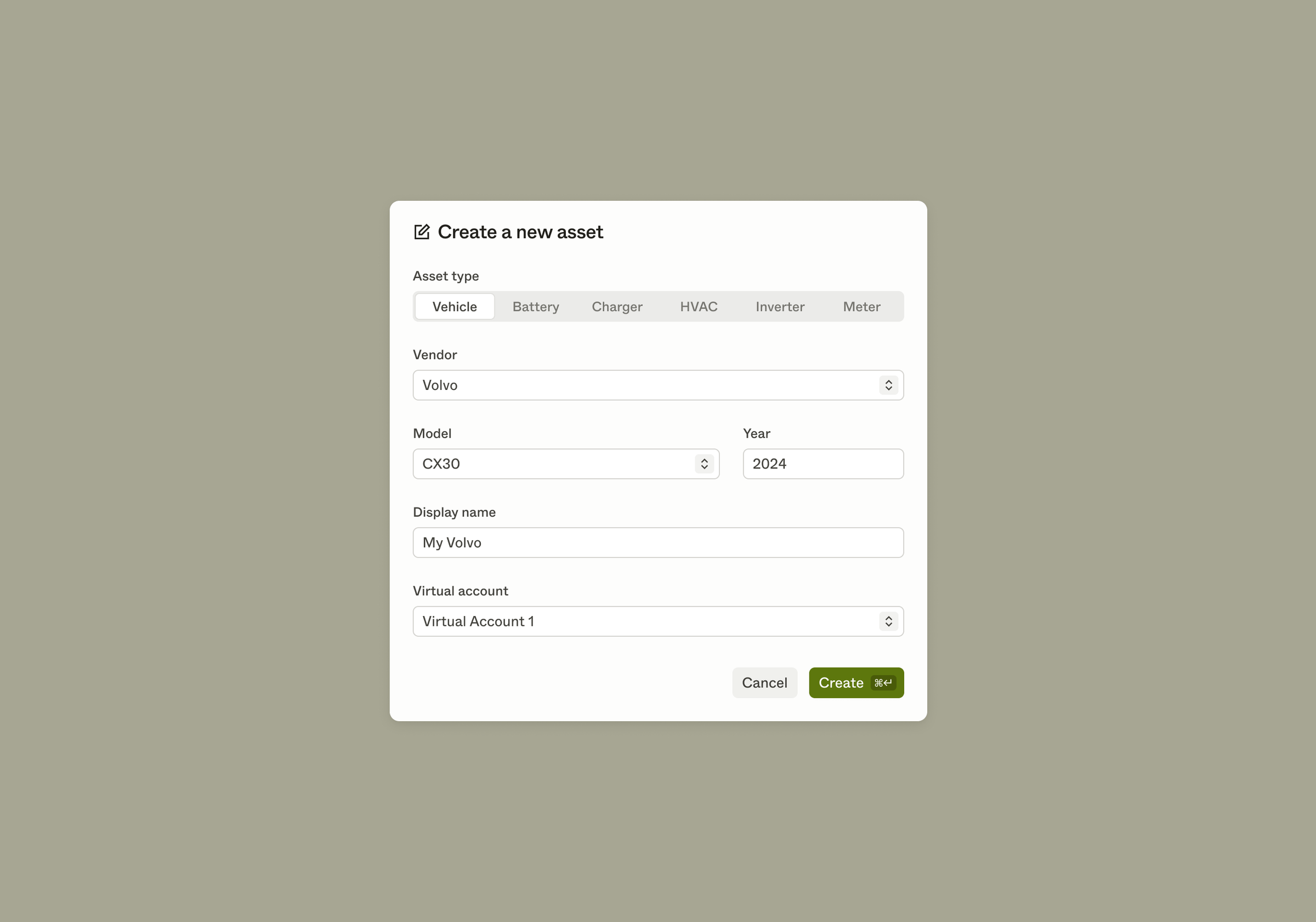 dialog to create a new asset