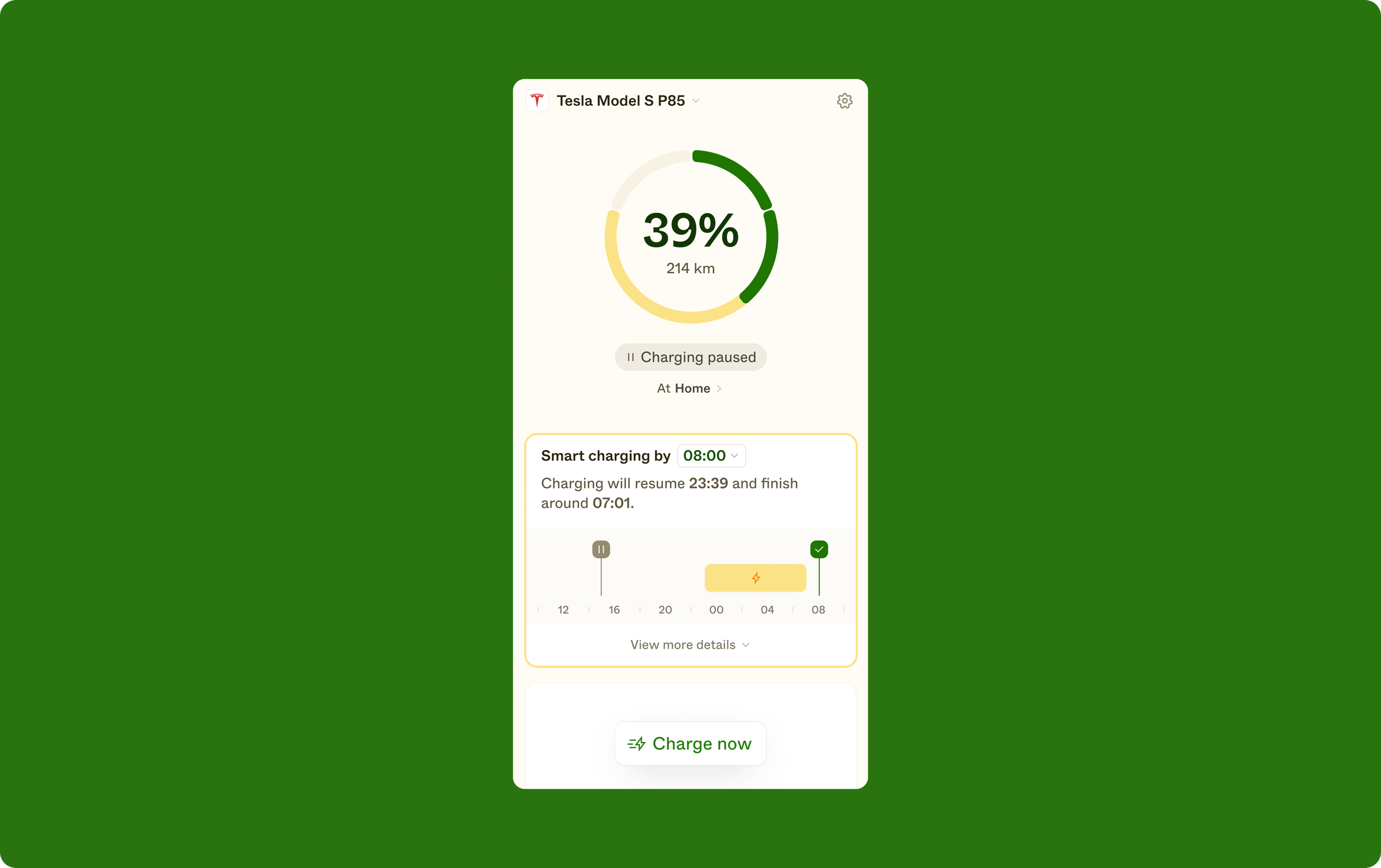 A vehicle detail screen summarising key vehicle information up top, a component summarising smart charging information and a contextual charging action in the bottom