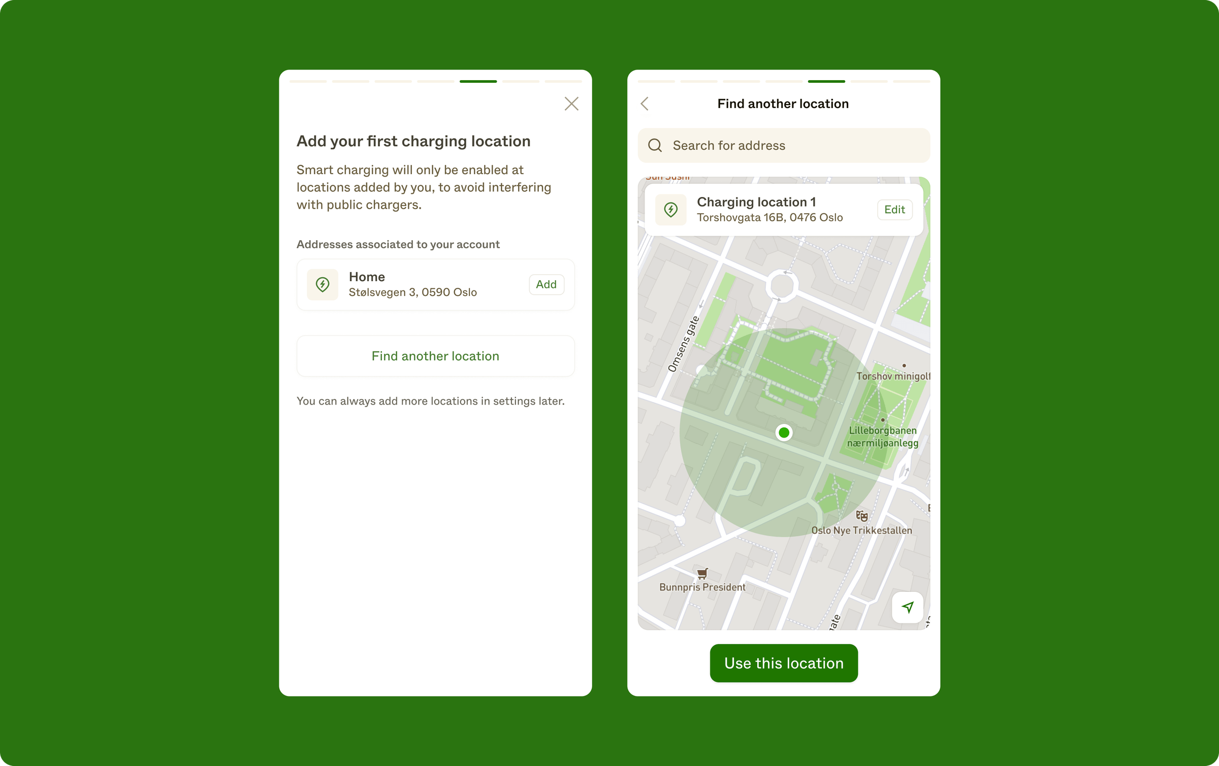 Two onboarding screens: one screen explaining the purpose of charging locations (with an already known address for the end-user pre-filled), and one displaying a map and a search field so the end-user can add another address