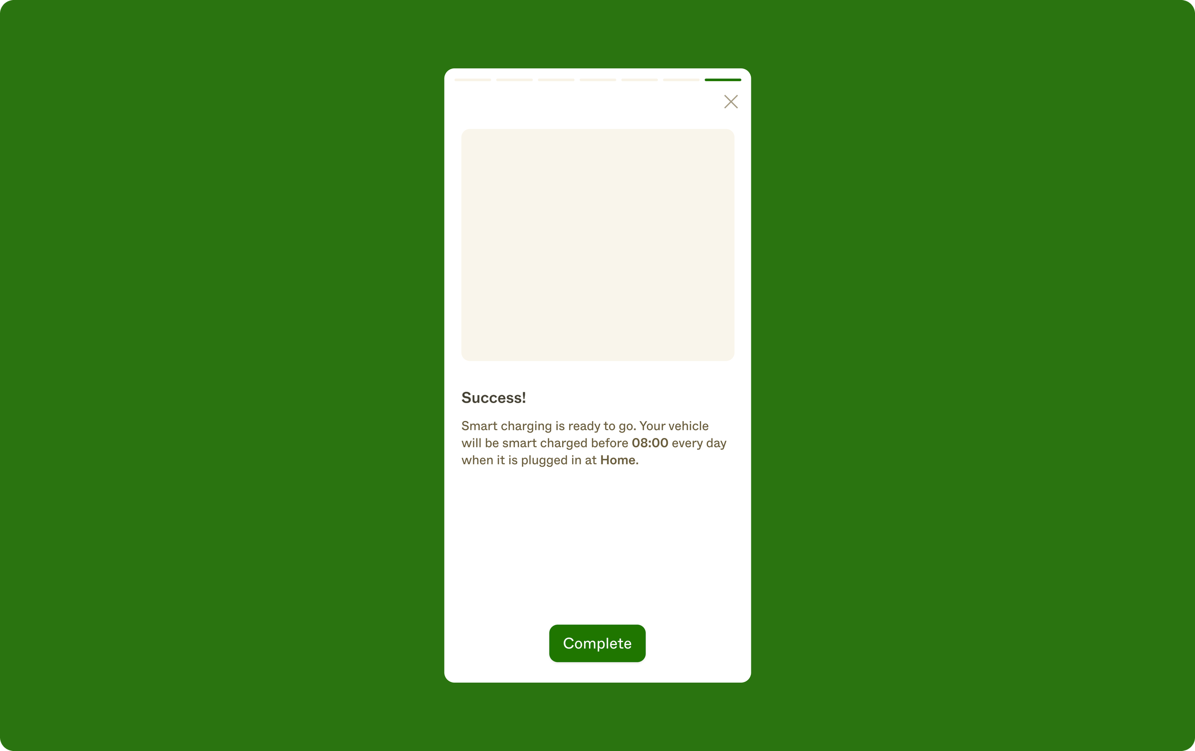 An onboarding success screen summarising the information the end-user has added (deadline and charging location), and confirming everything is ready to go 