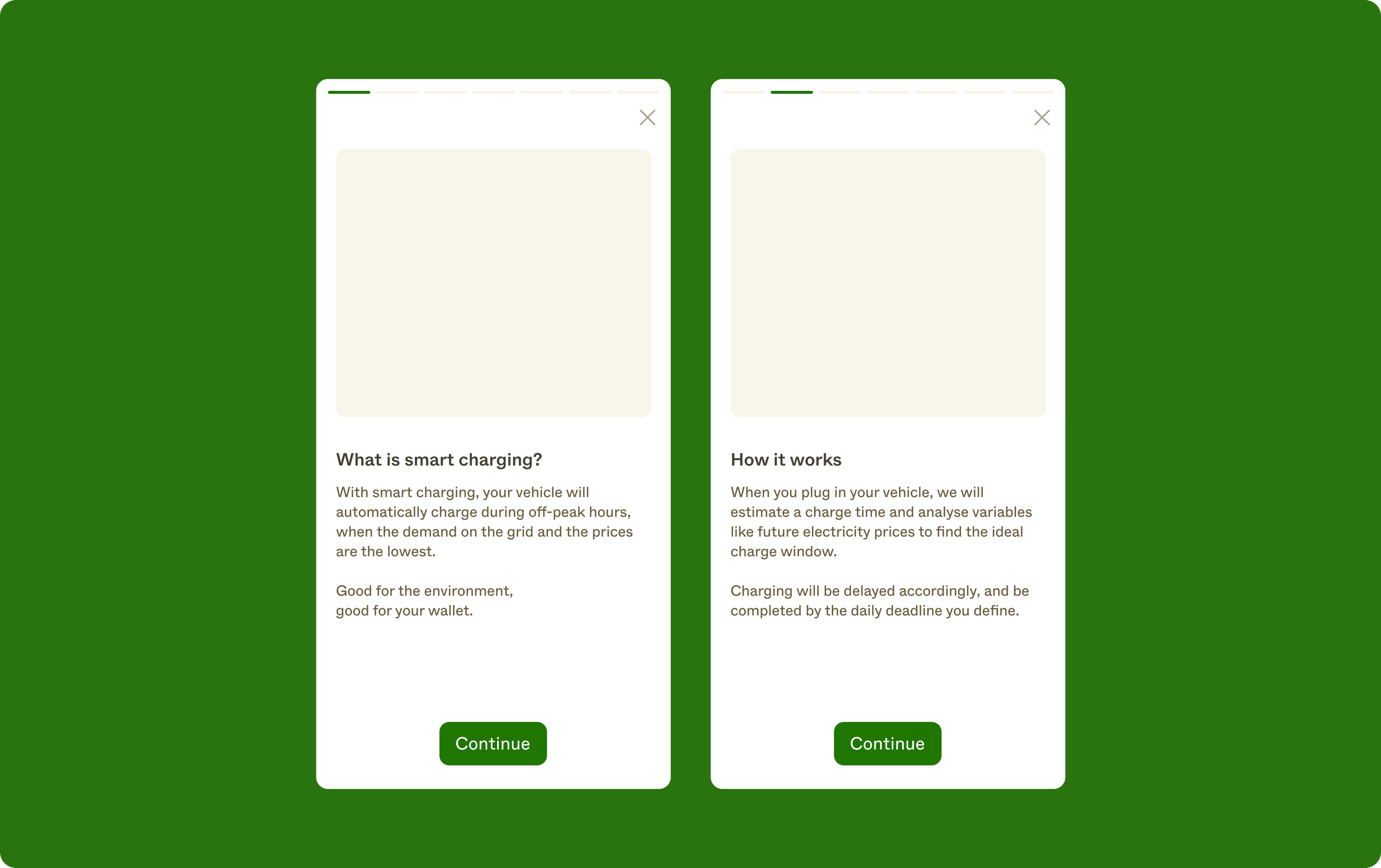 Two onboarding screens: one explaining what smart charging is, and one explaining how it works in more detail